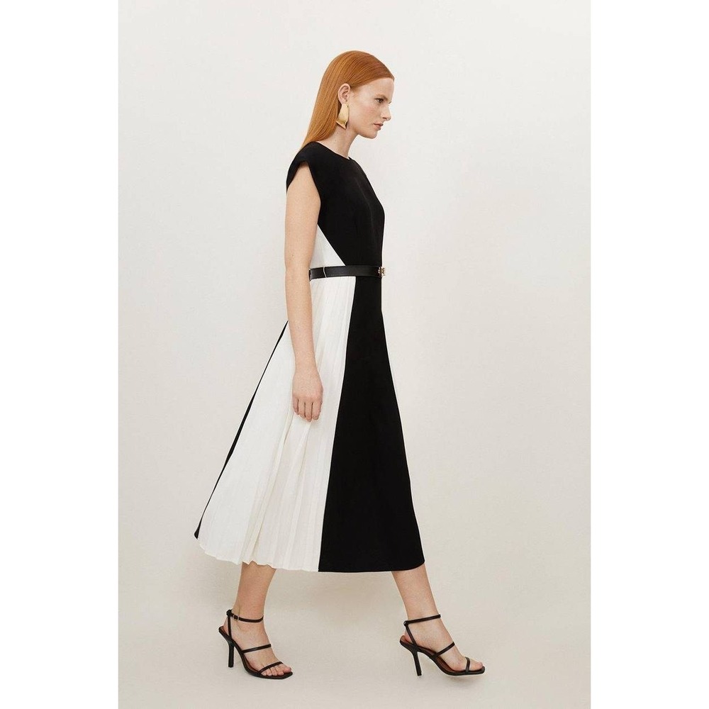 Karen Millen Dress Petite Contrast Pleated Panel Skirt Midi 8 Black Ivory Mono - Picture 2 of 16